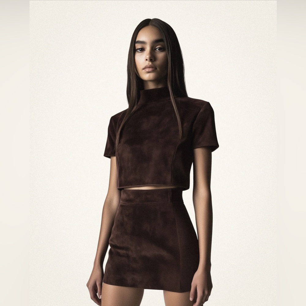 JW PEI Grace Faux Suede Crop Top and Mini Skirt Set - Chocolate Brown
